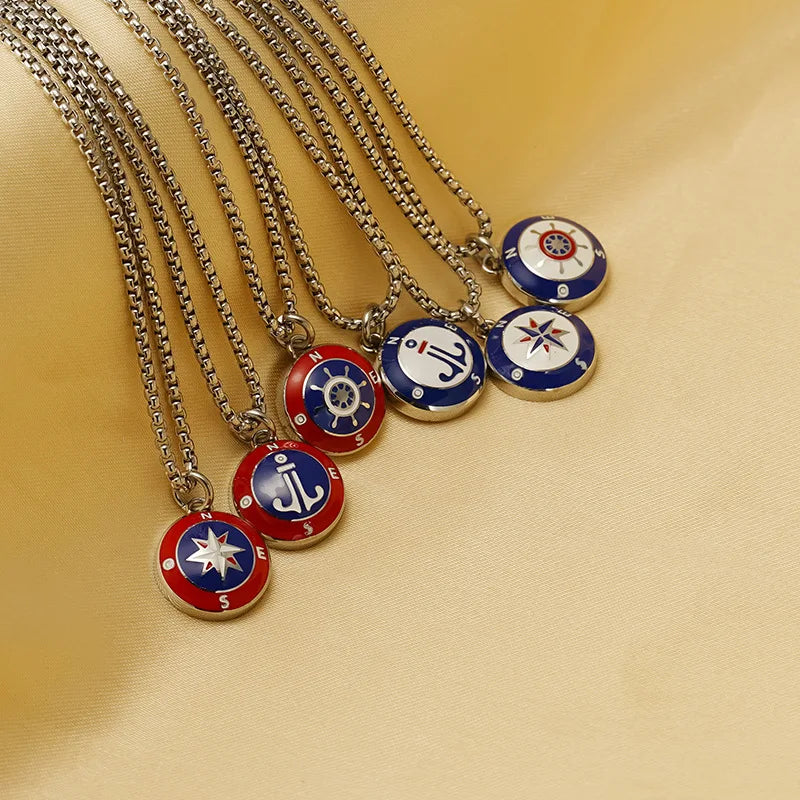 Personality Couple Necklace Ins Style Stainless Steel Compass Nautical Boat Anchor Pendant Men's and Women's Sweater Chain