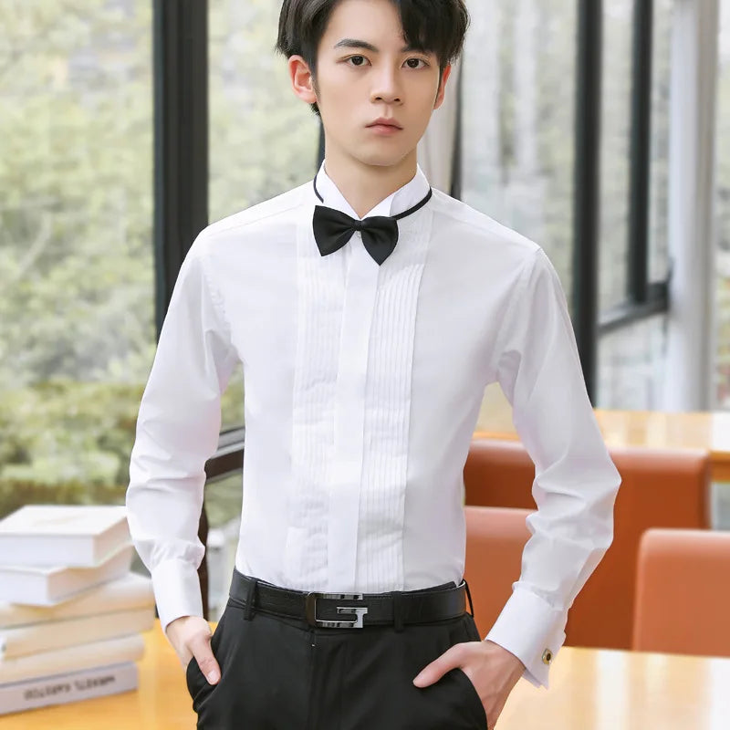French Cuff Sleeves Party Dinner Wedding White Tuxedo Shirt With Bow Tie