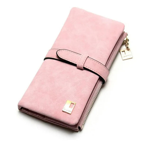 Vintage Women Long Standard Wallets Purse Fold Drawstring Nubuck Leather Zipper Suede Bag Female Simple Design Clutch Handbags