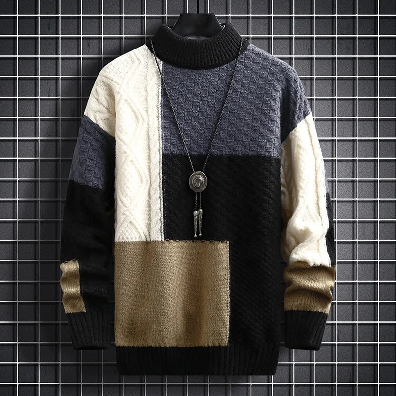 2023 Autumn and Winter New Sweater Warm Fashion Stitching Color Matching Pullover Round Neck Sweater Thickened Knitted Sweater