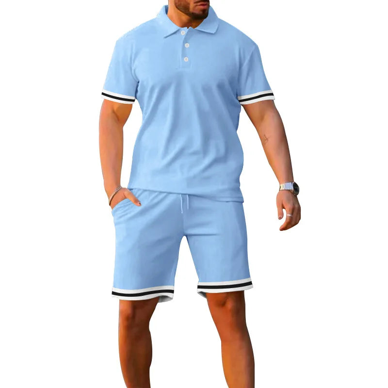 2024 Hot Sale Summer Men Short Sleeve Top + Short  Pants Turn Down Collar Solid Color Loose Casual Two Piece Suits