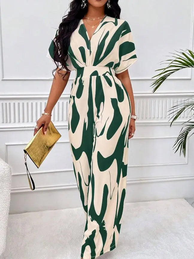 2025 Fashion Spring Summer New High Waist Short Sleeve Jumpsuits Wide Leg Pants Overalls Women's Printed Summer Loose Jumpsuit