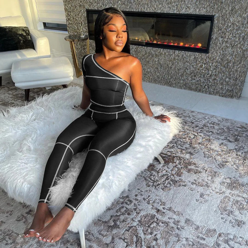 Custom Logo Private Label Sleeveless One Shoulder Jumpsuit Striped Bodycon Jumpsuit Pants