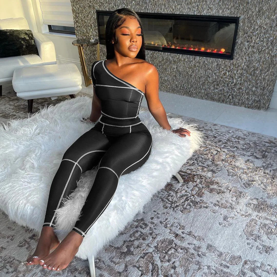 Custom Logo Private Label Sleeveless One Shoulder Jumpsuit Striped Bodycon Jumpsuit Pants