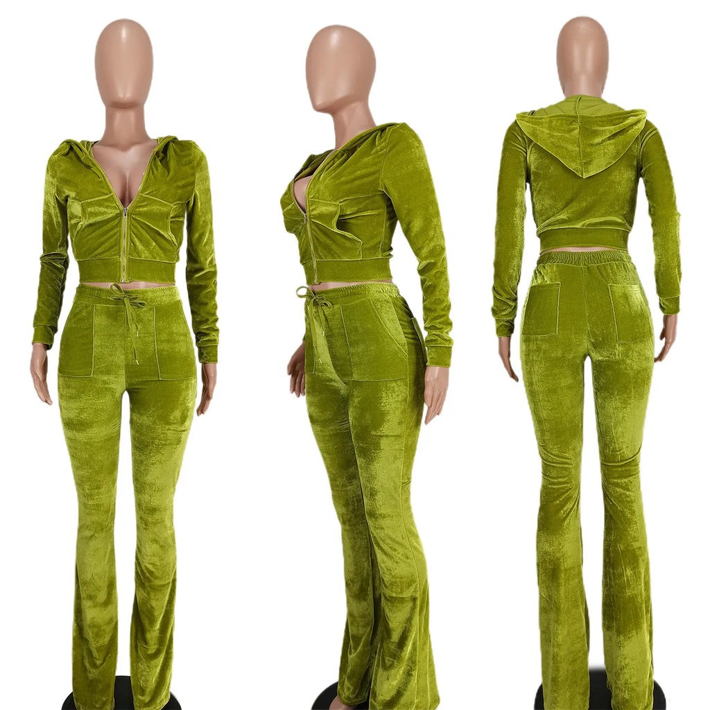 Ladies 2pcs Flare Pants Outfit Gym Wear Sweatpants and Hoodie Velour Joggers Sweatsuits Velvet Two Piece Set Tracksuit for Women