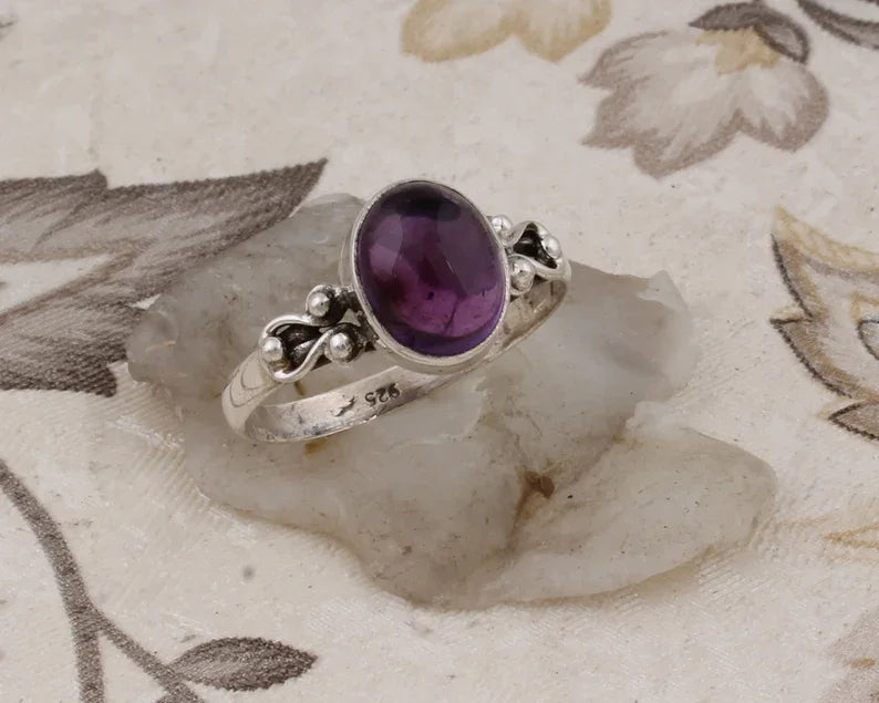 Simple Oval Shape 925 Sterling Silver Solid Amethyst Ring for Men Party Occasion Handmade Jewelry