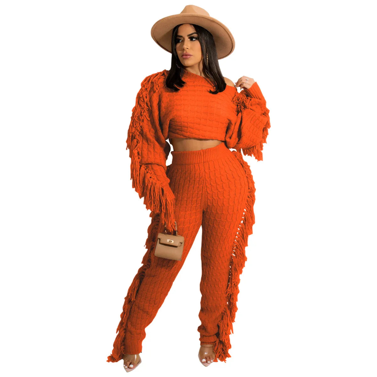 2025 Fall Winter Plus Size Women Clothing Long Sleeve Crop Top Two Piece Pants Set Drawstring Tassel Fringe Pants 2 Piece Set