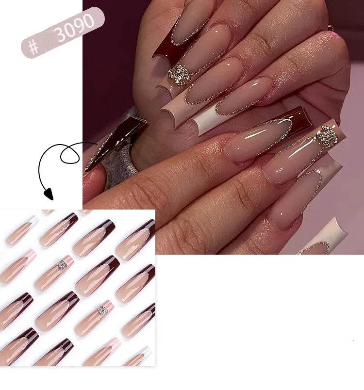 Dropshipping 24 Pcs French Style Romantic Art Acrylic Press on Nails Artificial Fingernails Candy False Nails Dating  Party 2792