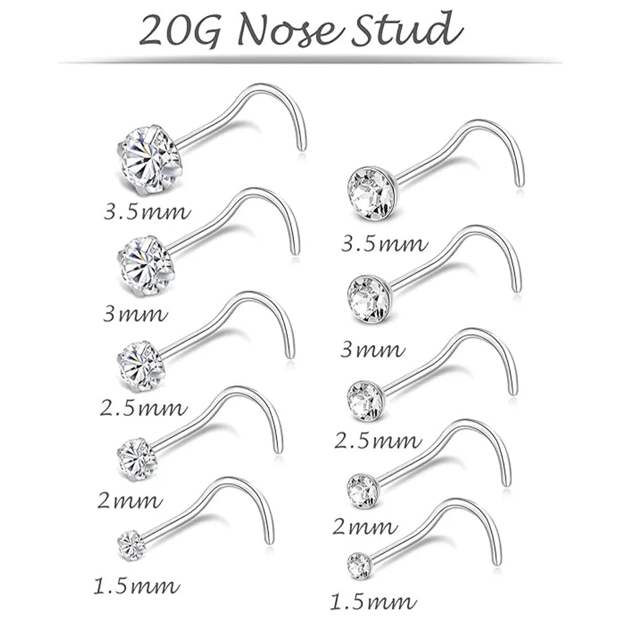 10Pcs Stainless Steel Screw Shaped Nose Studs Rings Square Round CZ Nose Ring Labret Nose Piercing Jewelry Silver Tone