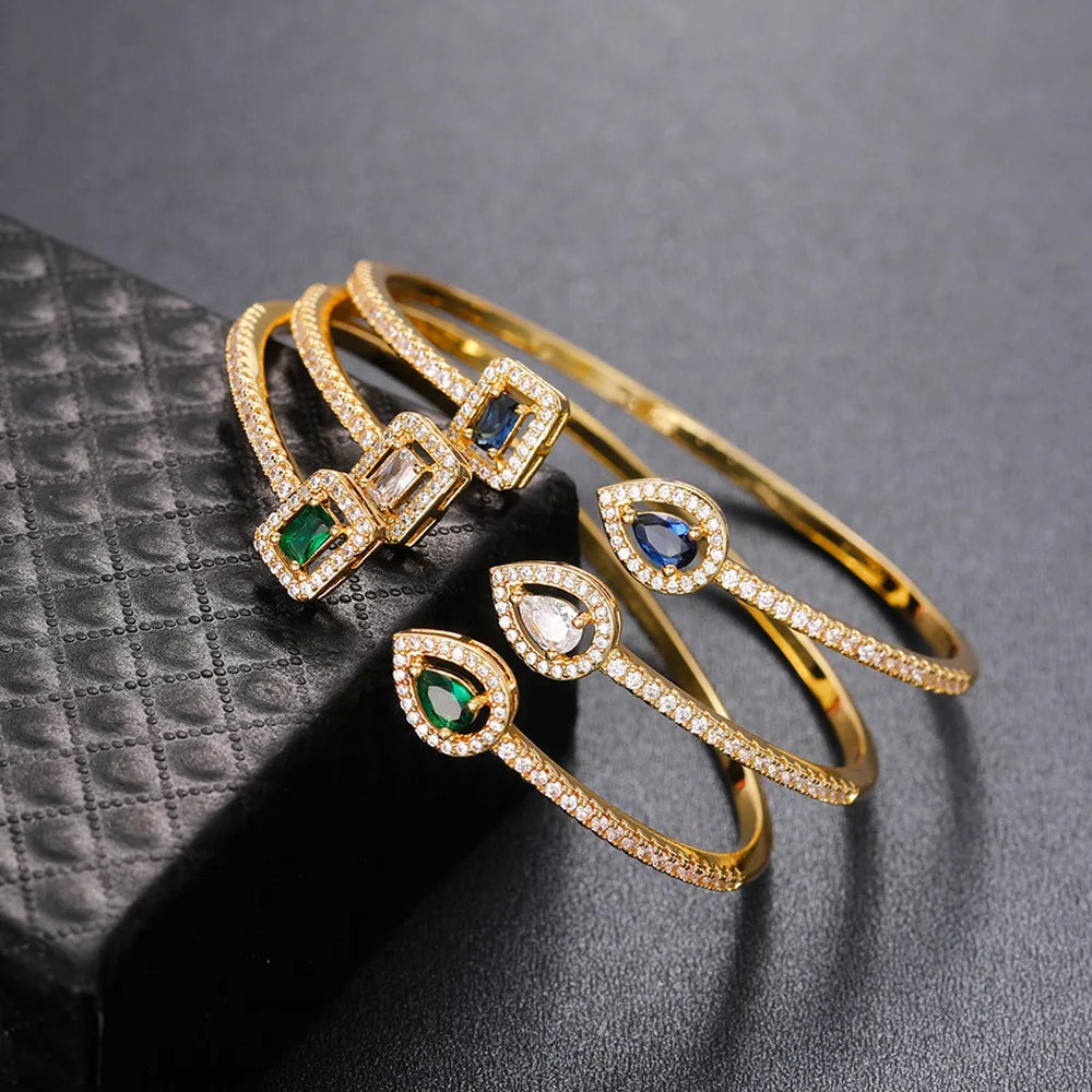 Minimalist Open Cuff Copper Bracelet with Zircon Inlay for Women Elegant Party Fashion Jewelry Gift Four Seasons