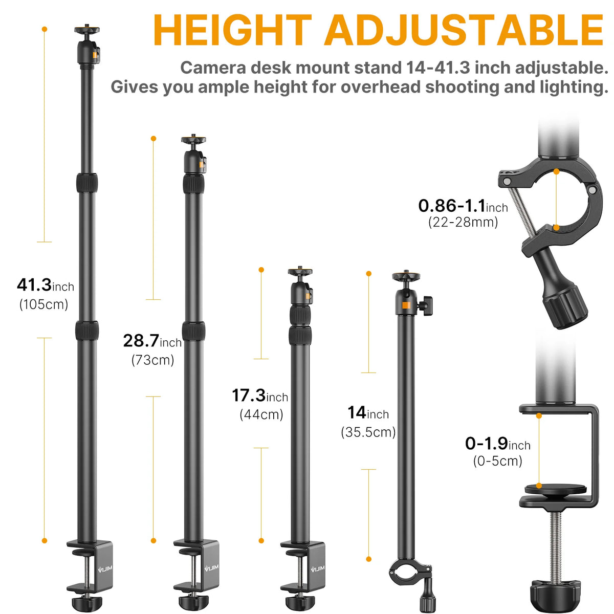 VIJIM LS01 Desk Light Mounting Stand 96cm Adjustable Tabletop Stand with Removable Ballhead 1/4 Screw for LED Ring Light