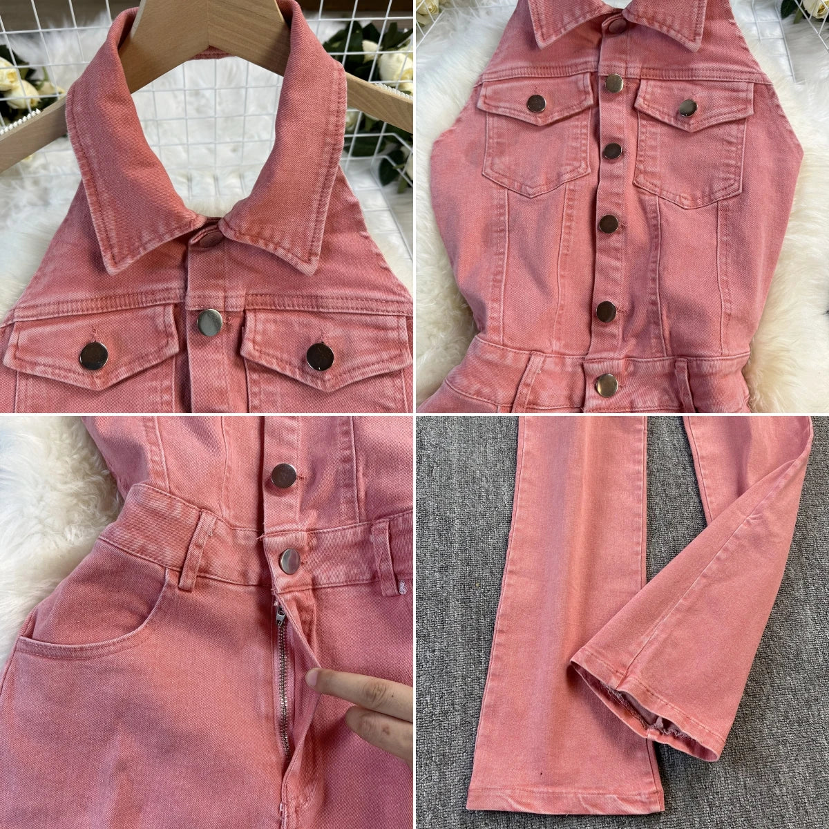25 Trendy Vintage Turn-down Collar Tunic Slim Jumpsuit for Women High Waist Denim Long Jumpsuit Ladies Retro Overalls Wholesale