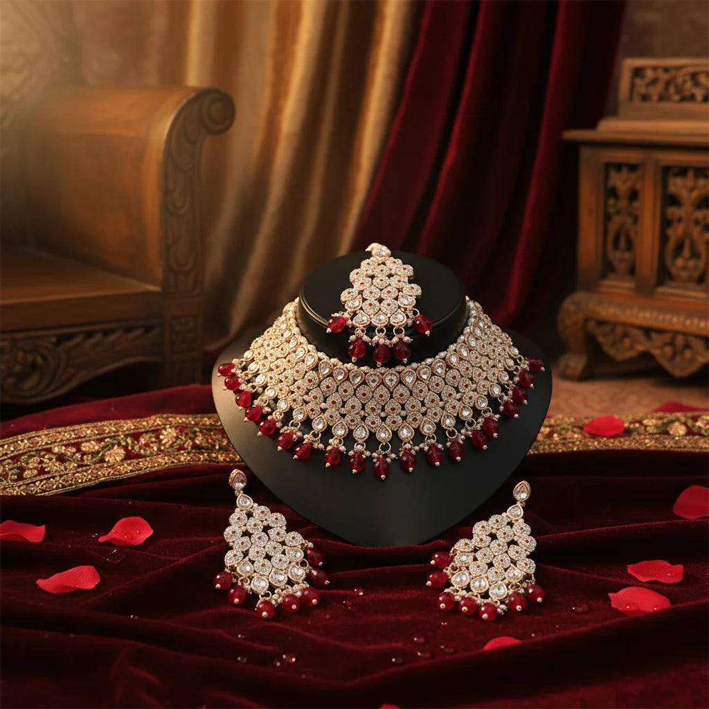 Trending Fancy Collection Gold Plated Kundan & Pearl Rani Color Stone Ethnic Wedding Party Necklace Set for Women Wear Jewelry