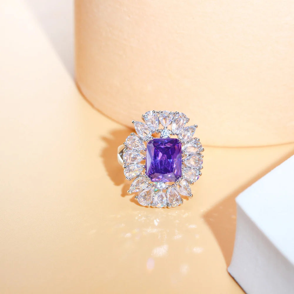 Exquisite Bling Red Cubic Zirconia Luxury Engagement Party Jewelry Big Sun Flower Finger Open Cuff Rings for Women