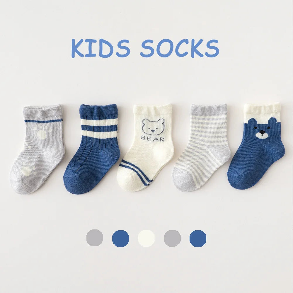 5 Pairs/Lot Toddler Socks Newborn Baby Soft Prewalker Spring Cotton Girl Kids Autumn Infant Cartoon Striped Print Sock 0-12Y