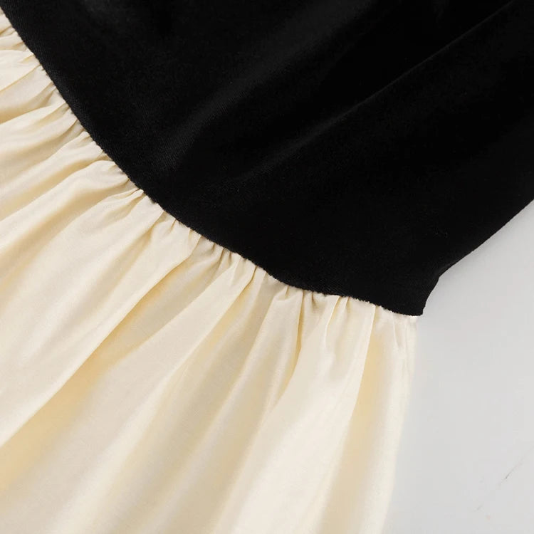 Color Contrast Patchwork Back Neck Buttoned Flared Sleeve Black Long Elegant Autumn Dresses Women