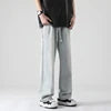 ANSZKTN Men Summer Cotton Lose Jeans Stretchy Casual Mid Waist Plus Size Elastic Band Men's Denim Wide Leg Jeans Pants