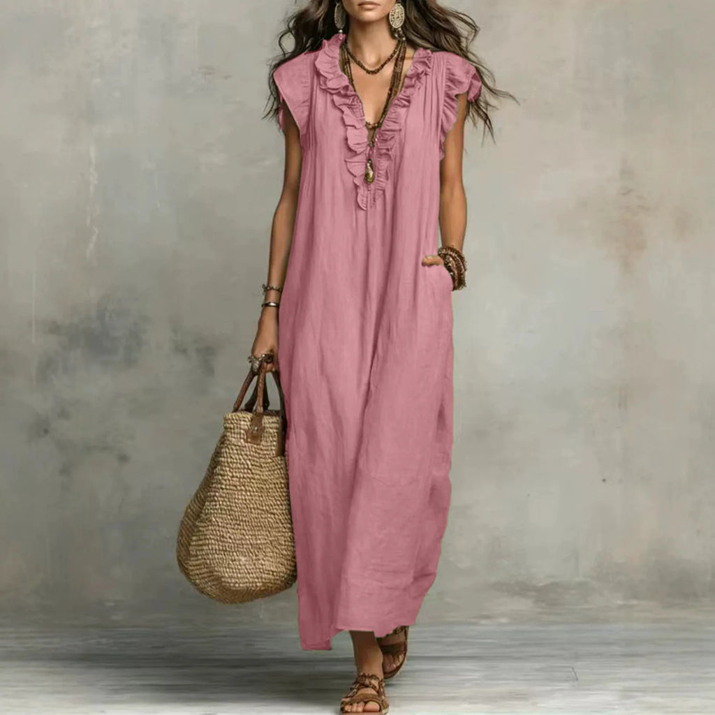 Bohemian Style Ruffle Trim Maxi Dress Women Casual Loose Summer Linen Dress