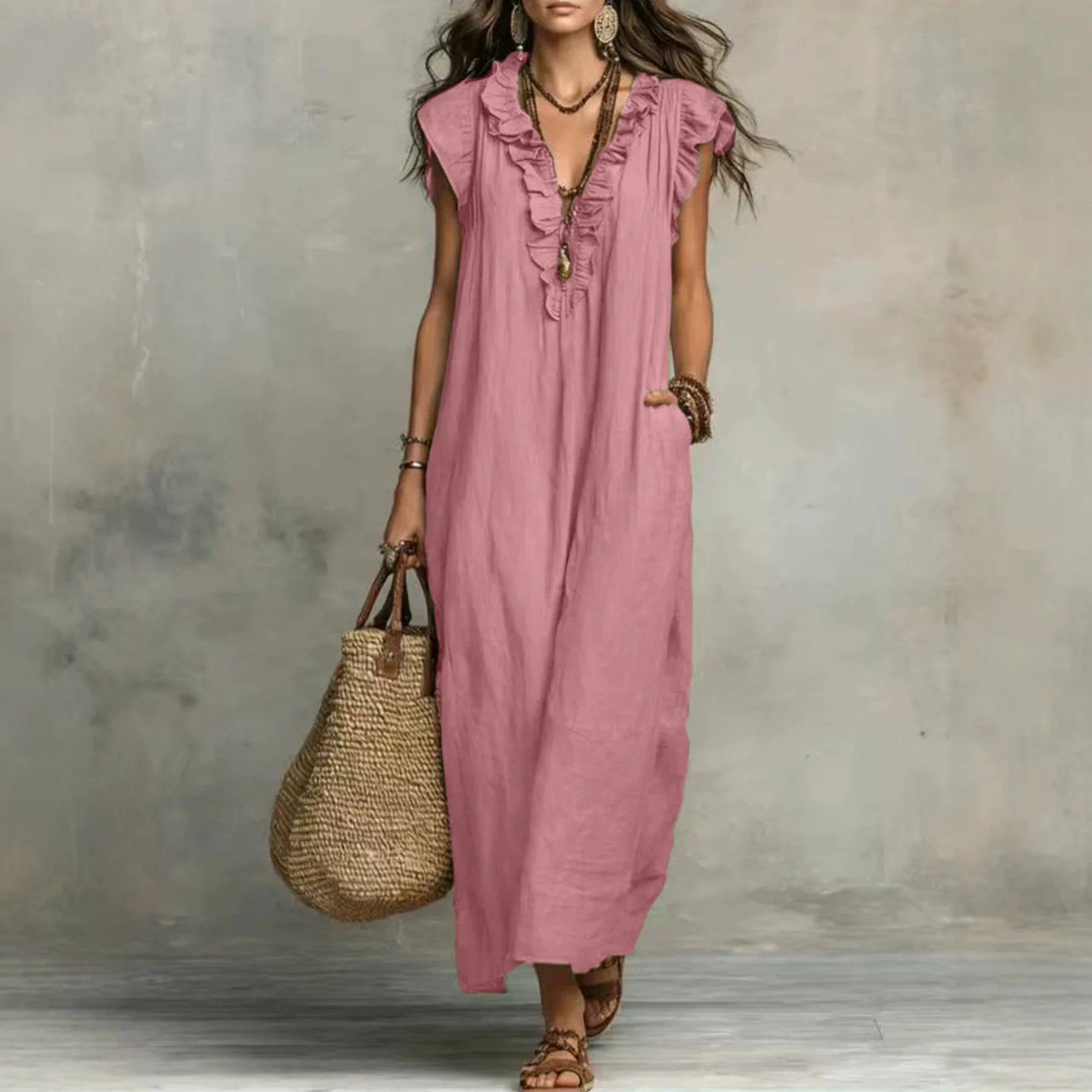 Bohemian Style Ruffle Trim Maxi Dress Women Casual Loose Summer Linen Dress