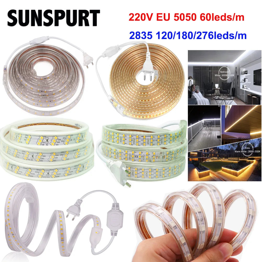 1-100M LED Tape AC220V LED 60-276LEDS With EU SMD 2835 5050 High Safety Brightness Flexible Strip Outdoor Waterproof Strip Light