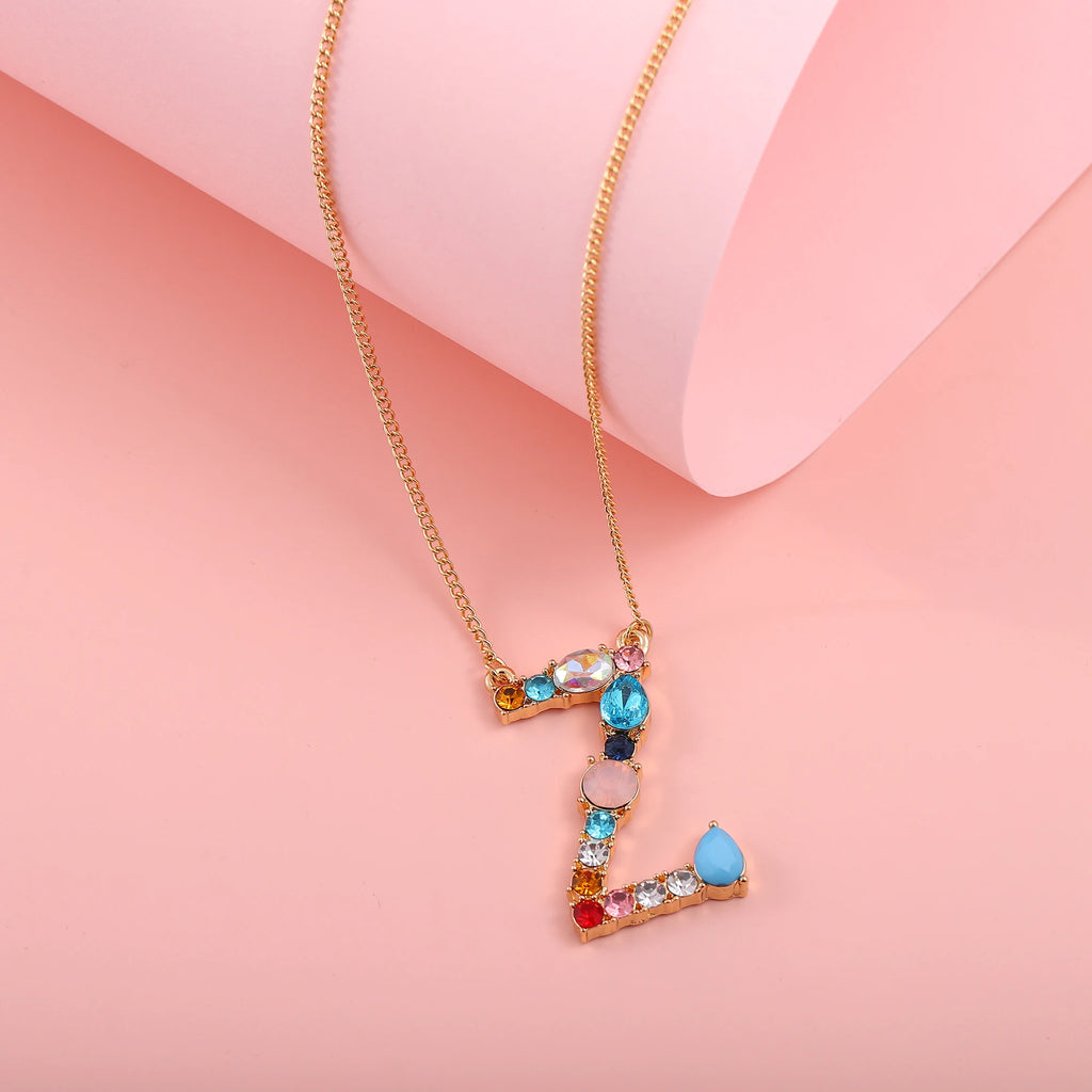 Hainon Fashion Initial 26 Letter Necklace Colored Zircon Necklace Electroplated Gold Sweater Chain