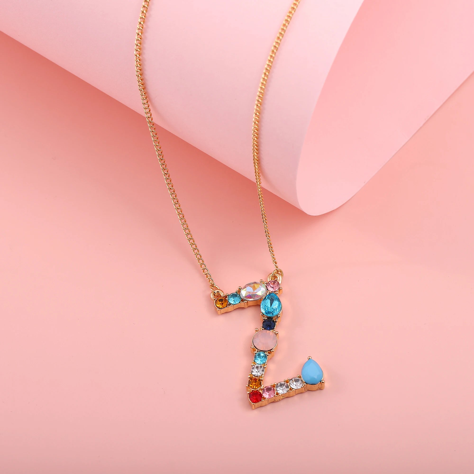 Hainon Fashion Initial 26 Letter Necklace Colored Zircon Necklace Electroplated Gold Sweater Chain