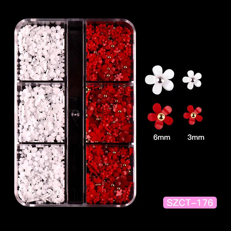 Nail Jewelry Wholesale Cute Three-dimensional Small Flowers 6-grid Plastic Box Mixed Resin Five-petal Flower Nail Accessories
