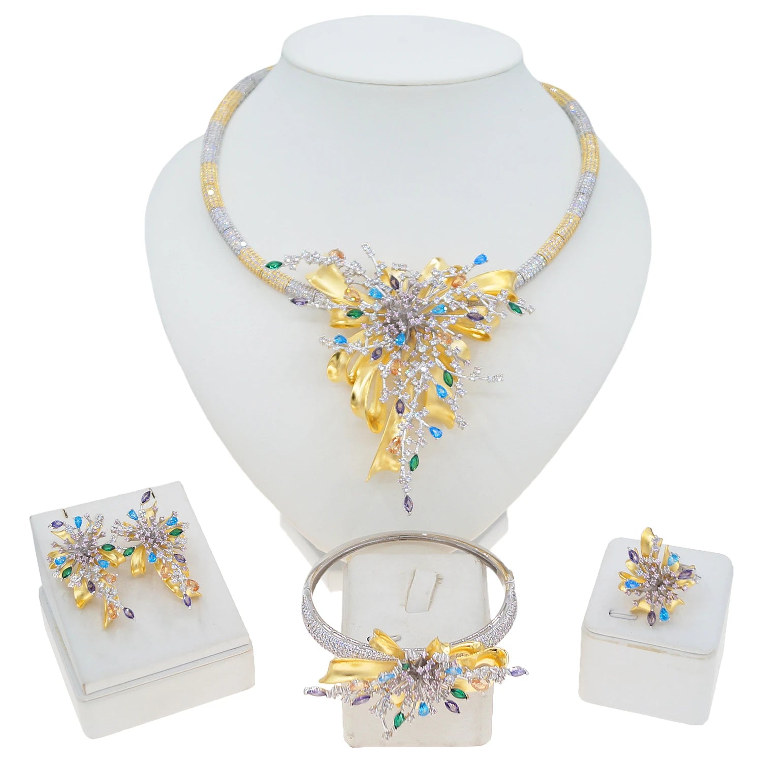 Yulaili Simple Two Tone American Colorful Zirconia Jewelry Set Charm Necklace Bracelet Earrings Ring Four Pieces Set for Wedding