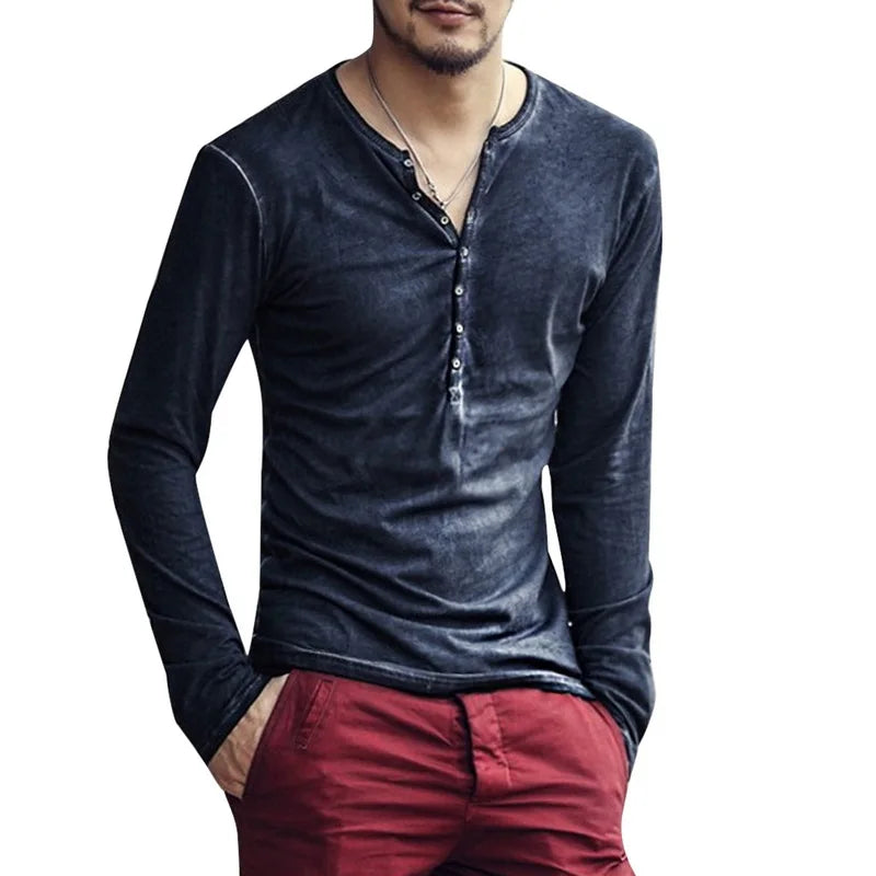 Men Tee Shirt V-neck Long Sleeve Tee&Tops Stylish Buttons T-shirt 2026 Autumn Casual Henley shirt Solid Male Clothing 5XL