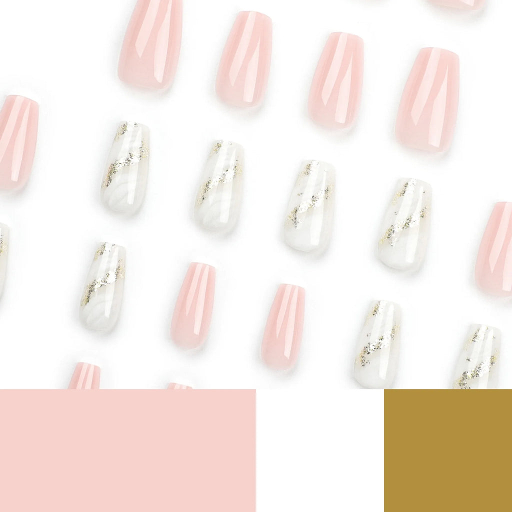 24 Pcs Pink and White Ombre with Gold Glitter Accent Nail Design Acrylic Press on Nails Artificial Fingernails False Nails 3224
