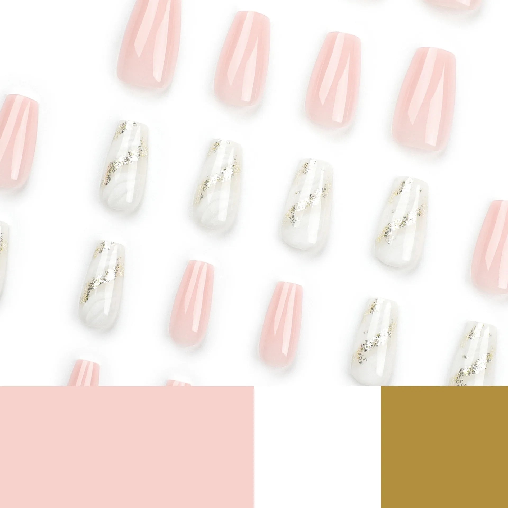 24 Pcs Pink and White Ombre with Gold Glitter Accent Nail Design Acrylic Press on Nails Artificial Fingernails False Nails 3224