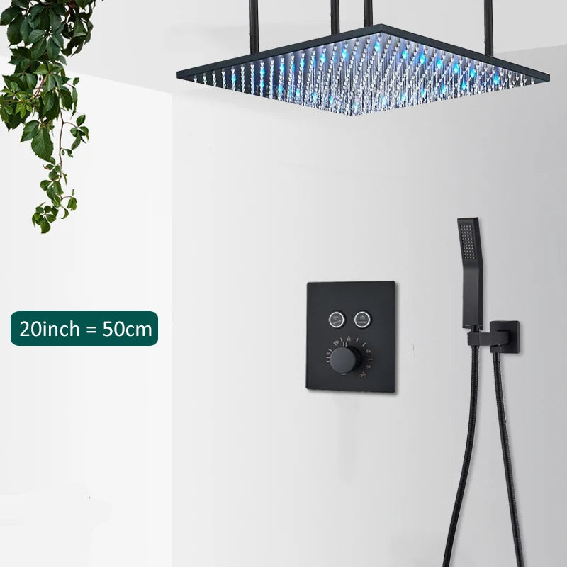 Luxury Black LED Thermostatic Shower Faucet Large Rain Waterfall Shower System Button Control Thermostatic Mixer Tap Bath Shower