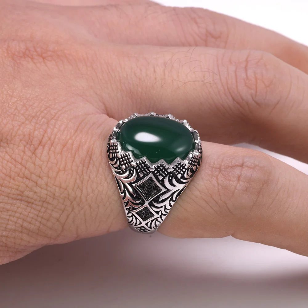 Guaranteed 925 Sterling Silver Black Rings for Men Retro Vintage Flowers Turkish Ring Jewellery With Stone Turkey Jewelry