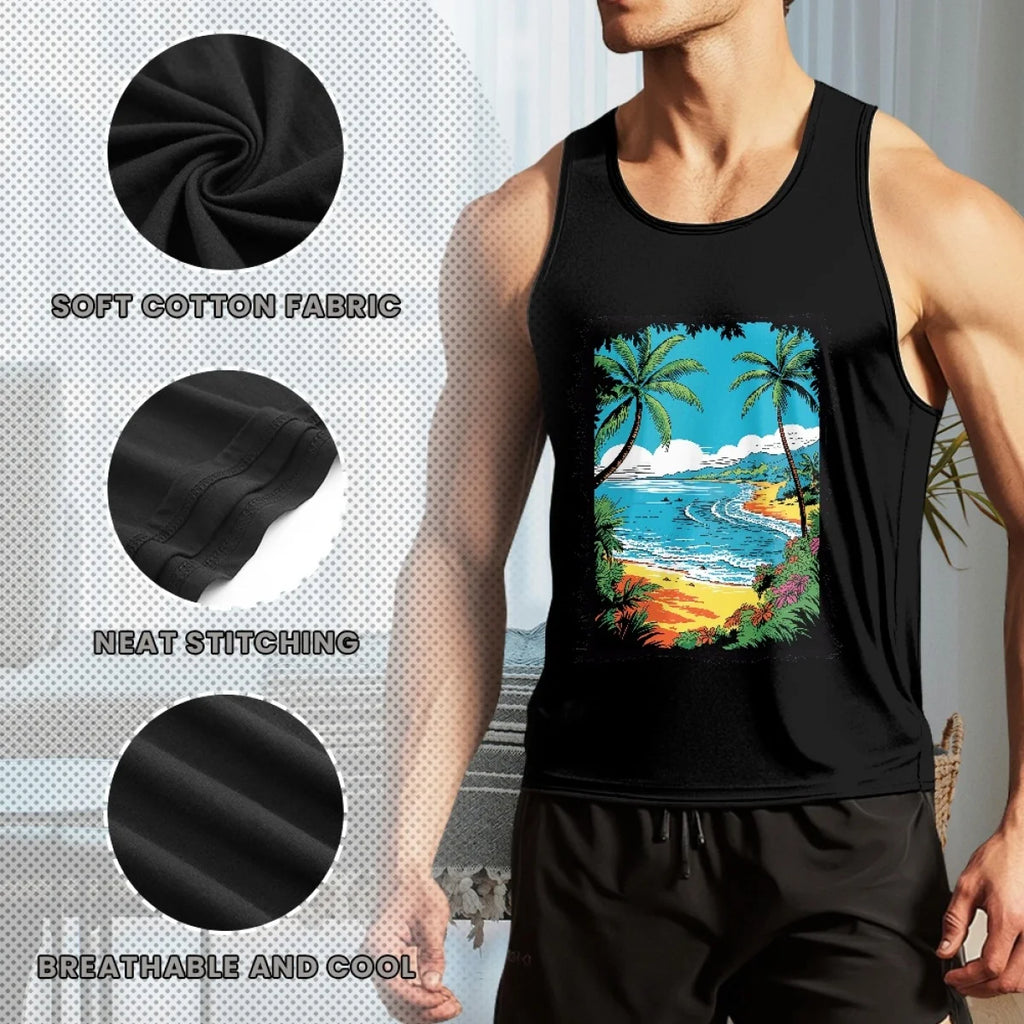 Made in USA Free Shipping MOQ1 Beach Palm Tree Element Men's Casual Vest Underlay Sleeveless Tee Gym Stretch Muscle-Showing Vest
