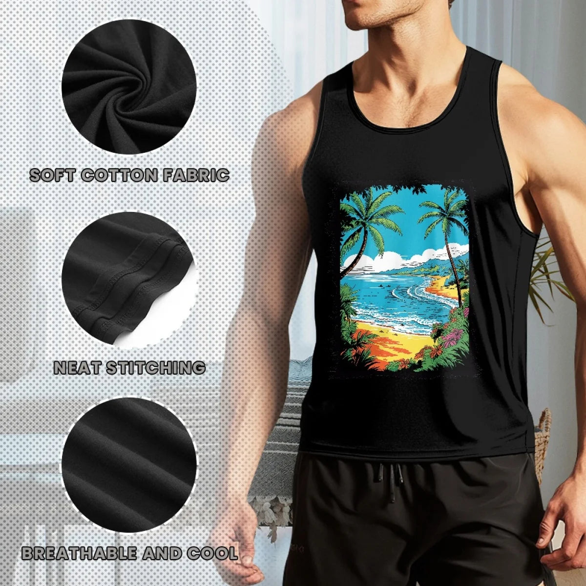 Made in USA Free Shipping MOQ1 Beach Palm Tree Element Men's Casual Vest Underlay Sleeveless Tee Gym Stretch Muscle-Showing Vest