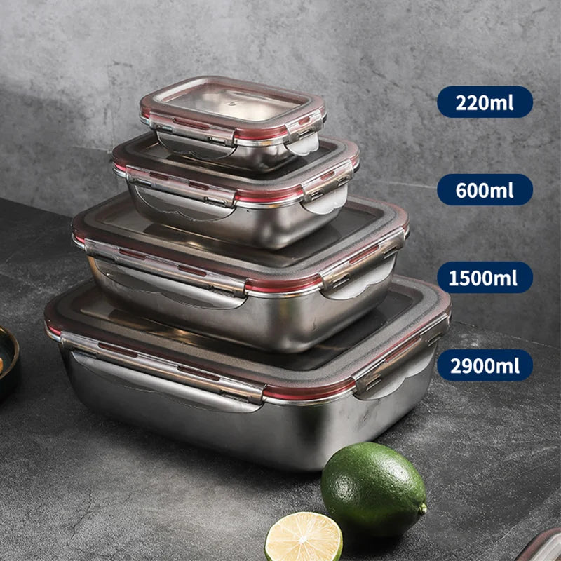 4Pcs/Set 304 Stainless Steel Lunch Box Microwave Heating Bento Box Fruit Food Sauce Fresh-keeping Box Refrigerator Container Box