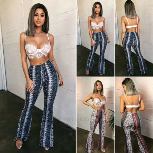 Retro Trendy Slim Casual Street Hippie Women Boho Print Long Pants High Waist Flared Wide Legs Summer Bell Bottom Trousers S-XL