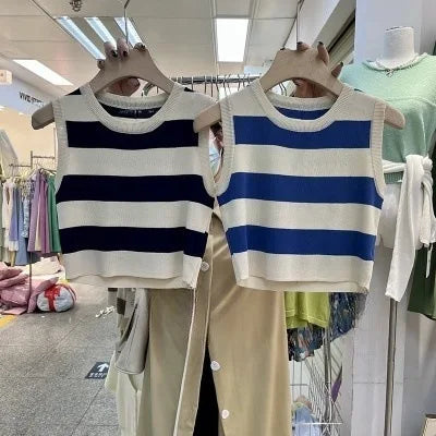 2024 Summer Women's Short Knitted Striped Ribbed Tank Top Breathable and Sustainable