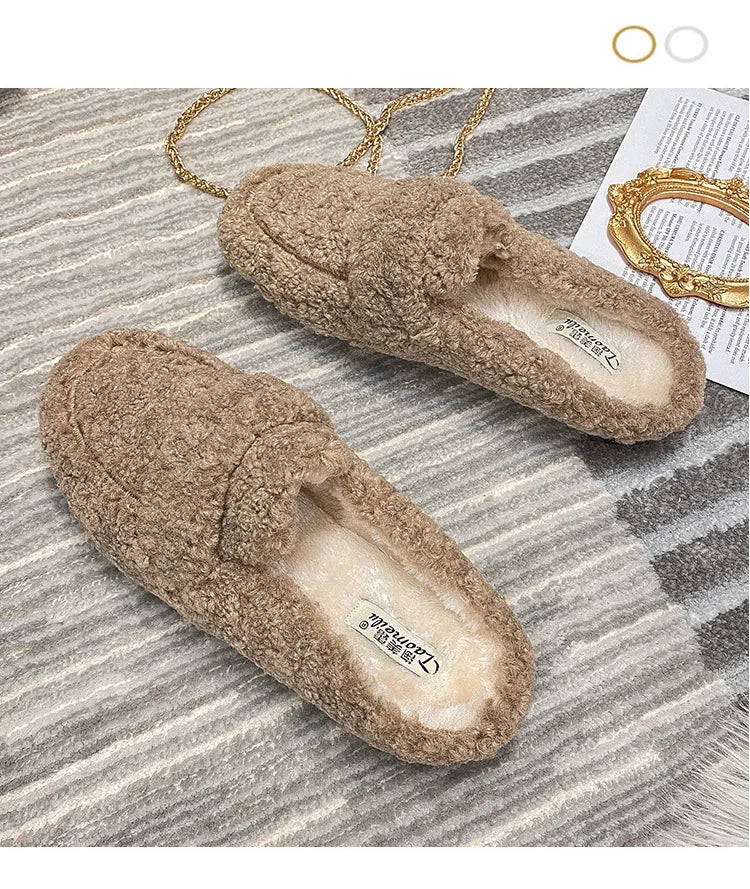 Winter Warm Plush Mules Women One Band Fur Slippers Cozy Cotton Shoes Woman Flats Cover Toe Fleeces Slides Femme Wool Pantuflas