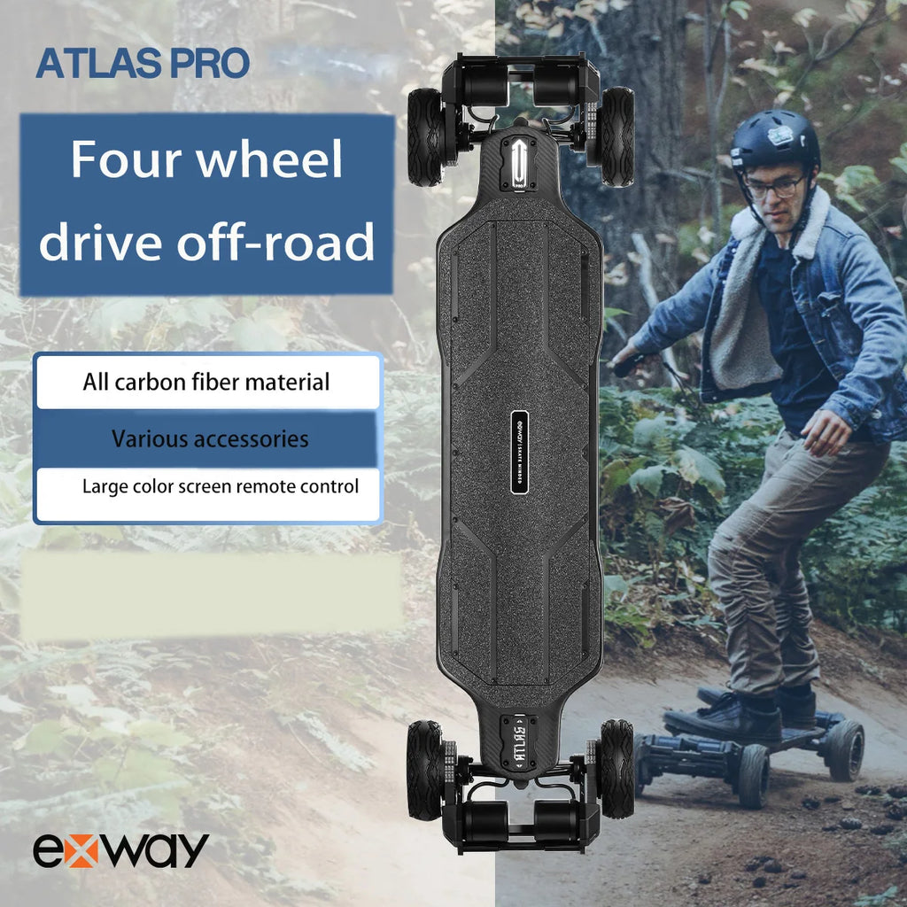 Outdoor Exway Atlas Pro off Road Electric Skateboard with Four-wheel Drive High Speed 7056W Carbon Fiber Long Endurance Adults