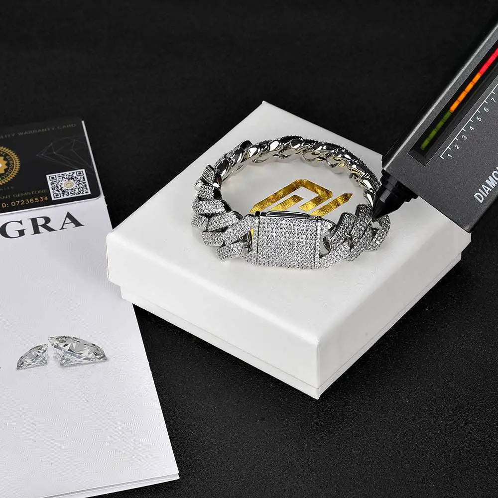 Wholesale 925 Silver Mosan Moissanite Bracelet European American Hip-Hop Style 20mm Cuban Chain Men's Diamond Bangle"