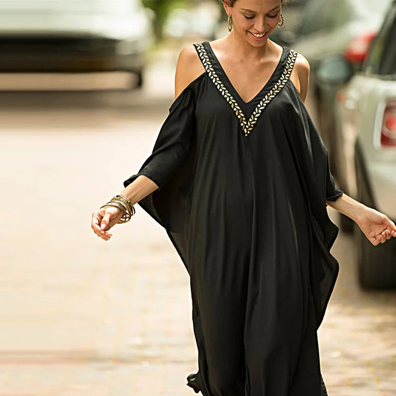 Turkish Cold Shoulder Kaftan Dresses Swimsuit Cover up Maxi Dress Beach Cover Ups