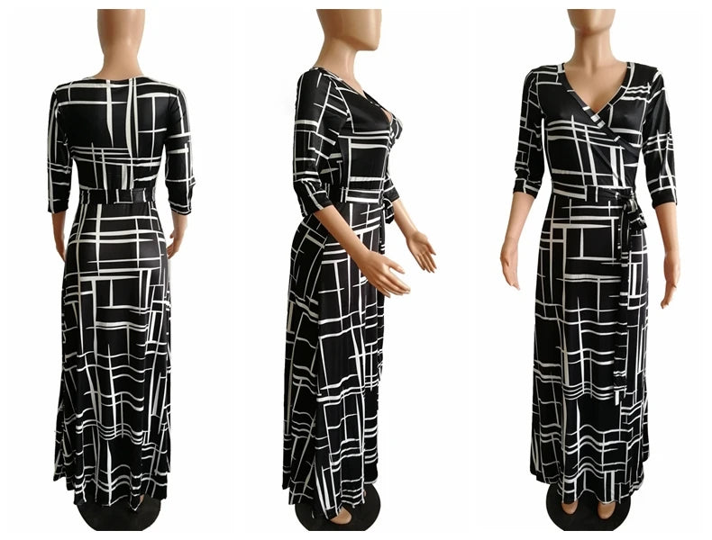 Autumn Fashion Plaid Printed Long Swing Dress Vintage Style Sexy Deep V Quarter Sleeve Boho Maxi Dress ESMR8834