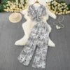 Lotus Leaf V-neck Short Sleeved T-shirt and High Waist Printed Chiffon Straight-leg Wide-leg Pants Two-piece Set