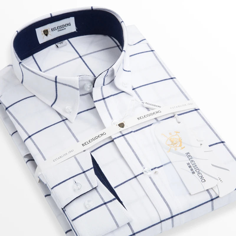 Men's Long Sleeve Thick Cotton Oxford Shirts with Front Pocket High Quality Smart Casual Stripe Plaid Button Down Dress Shirt