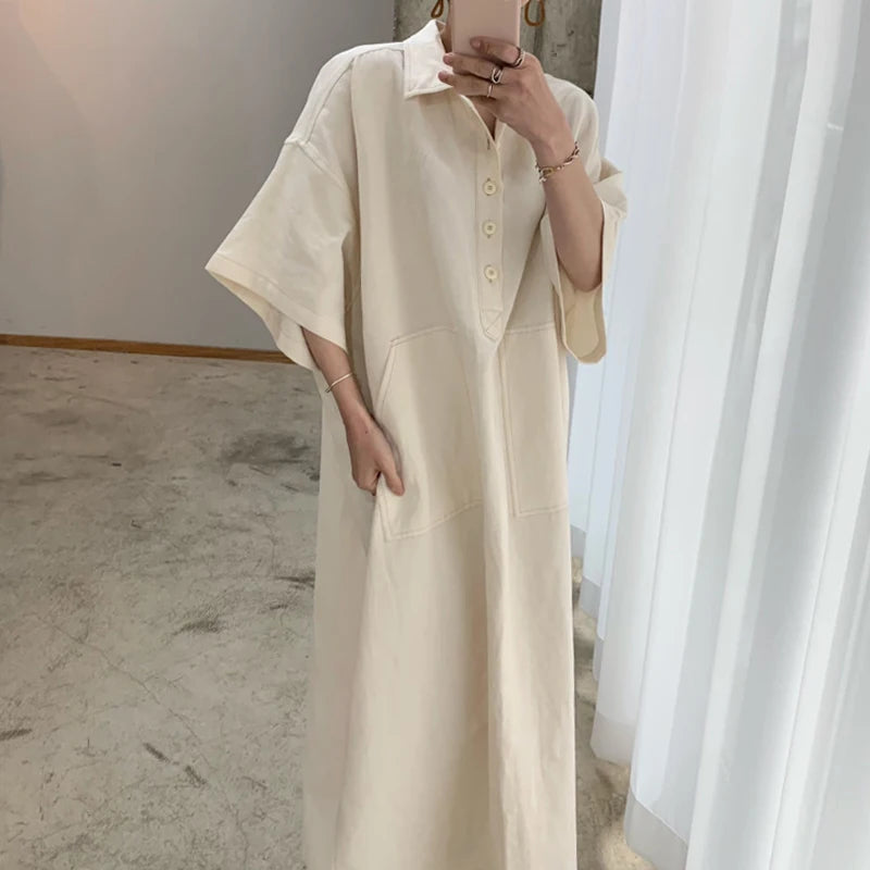 Wholesale 2026 Spring New Fashion Retro Classic Polo Collar Open Line Design Straight Loose Five-point Sleeve Denim Women Dress