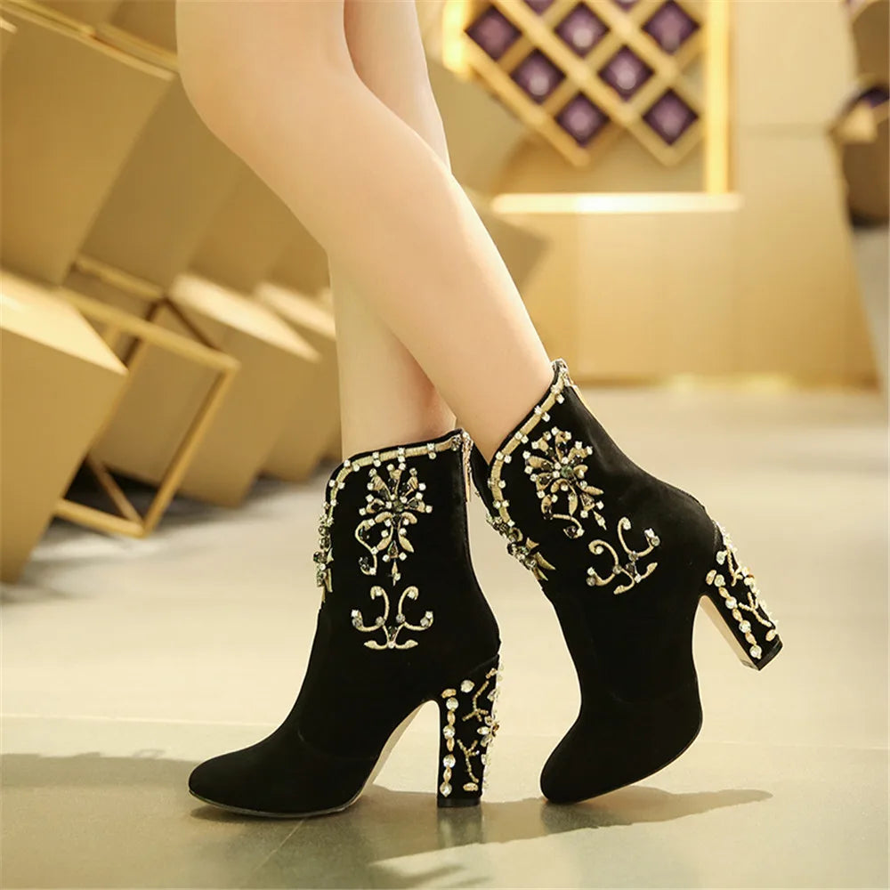 MILI-MIYA Fashion Women Kid Suede Ankle Boots Zipper Round Toe Crystal Square Heels Spring/Autumn Party Shoes Plus Size 34-43