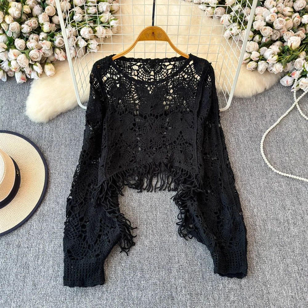 Women's Grey Embellished Beaded Ripped Sweater | Autumn/Winter 2025 Fashion | Irregular Knit French Cinched Waist Top