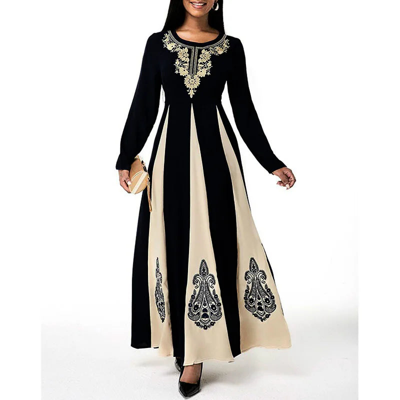 Elegant Muslim Dress for Women 2021 Fall O Neck Long Sleeve Islamic Arabic Abaya Robe Patchwork Print Turkey Eid Mubarak Vestido