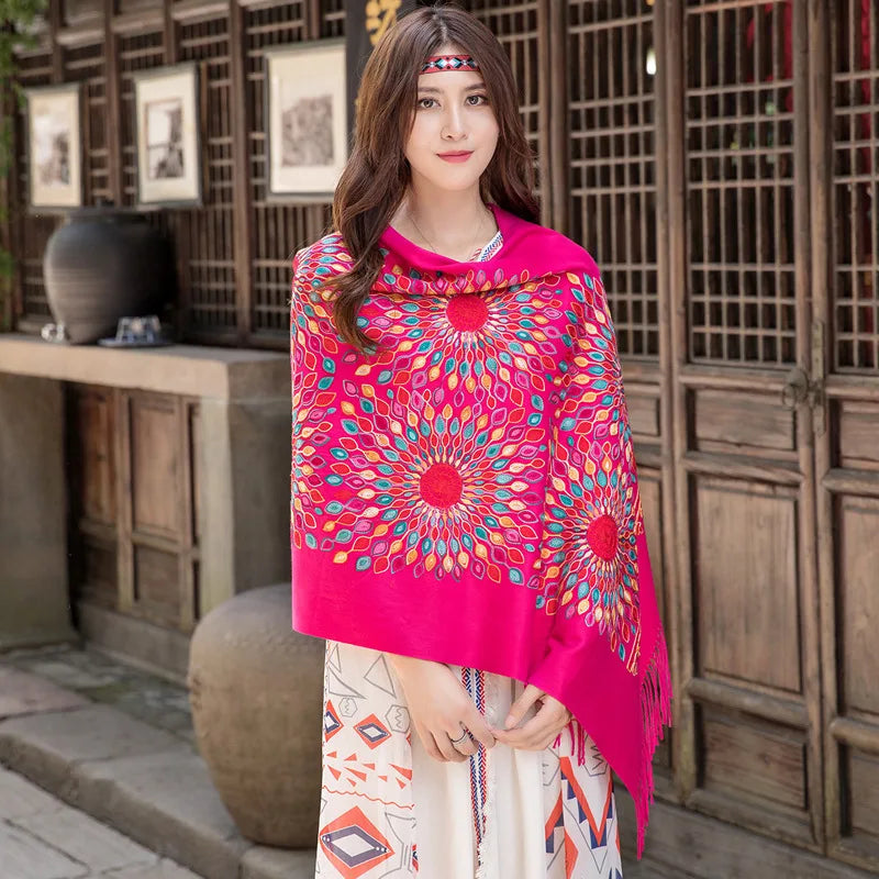 Wholesale JiYun 2025 Ladies Winter Scarf Shawl Floral Tassel Embroidery Soft Heavy Cashmere Feel-Hot Sale Winter Accessory